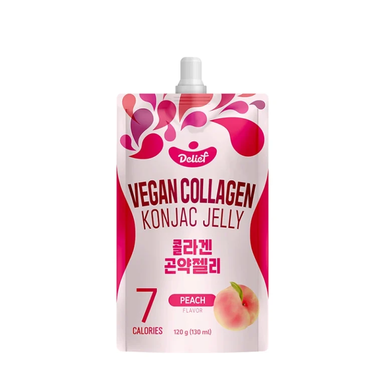 Veganiška Baltųjų Persikų skonio Konjac želė su kolagenu 120g - Delief