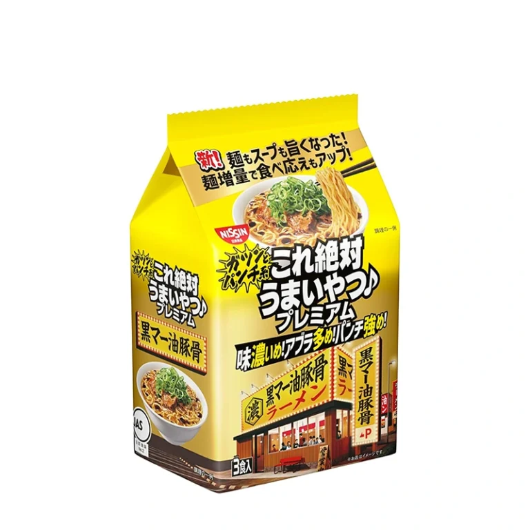 Greitai paruošiami makaronai „Kore Zettai Umai-Yatsu Premium“ Kuro Mayu Tonkotsu 315g (105g*3vnt) - Nissin