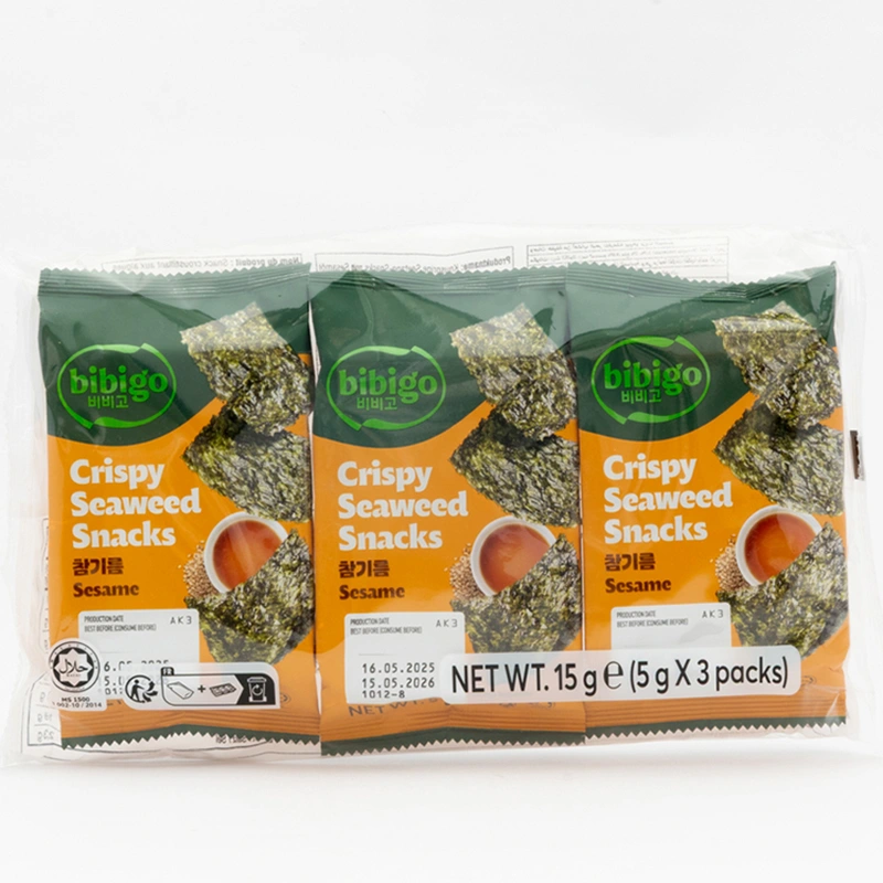 Traškūs jūros dumblių užkandžiai su sezamais, originalaus skonio 15g (3×5g) - Bibigo