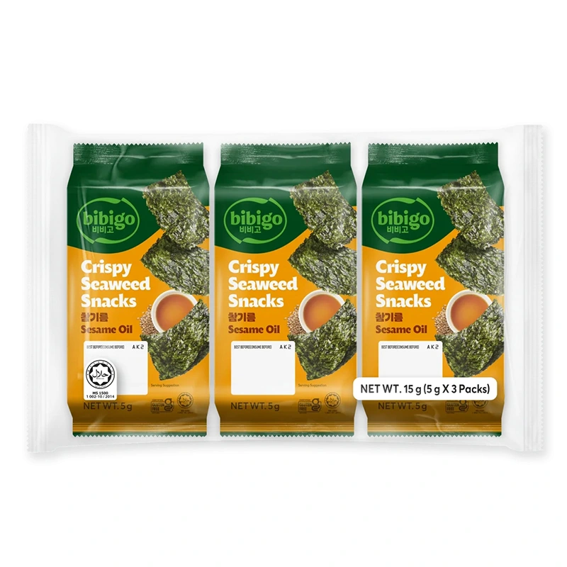 Traškūs jūros dumblių užkandžiai su sezamais, originalaus skonio 15g (3×5g) - Bibigo - Image 3