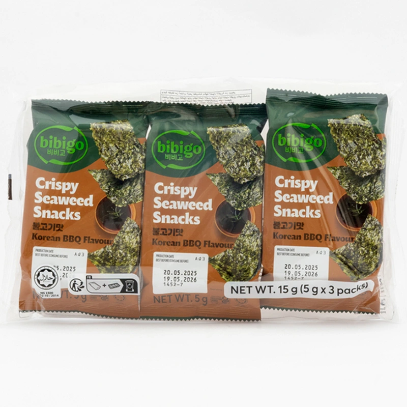 Traškūs BBQ skonio jūros dumblių užkandžiai 15g (3×5g) - Bibigo